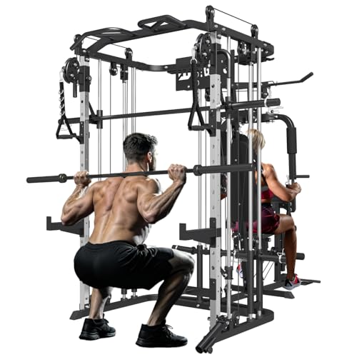 All in One Home Gym System Workout Station, Multi-Function Smithe Machine Power Cage with Cable Crossover System, Tripe-Sided Independent Load Posts, Functional Trainer for Full Body Training - color: Black, style: Home Gym Station