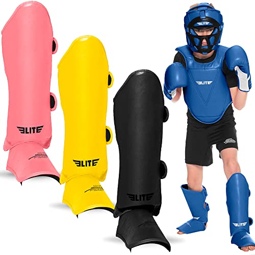 Elite Sports Muay Thai MMA Kickboxing Boys and Girls Shin Guards for Age 4 to 14 Years, Instep Guard Sparring Protective Leg Shin Kick Pads for Kids - color: Blue, size: Medium