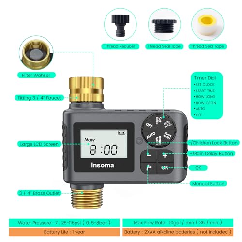 Sprinkler Timer with Brass Inlet and Outlet, Programmable Water Timer for Outdoor Garden Hose, Hose Timers with Rain Delay/Manual/Auto Mode, Drip Irrigation and Lawn Watering System, 1 Outlet - size: 1 Zone-Brass Inlet Outlet