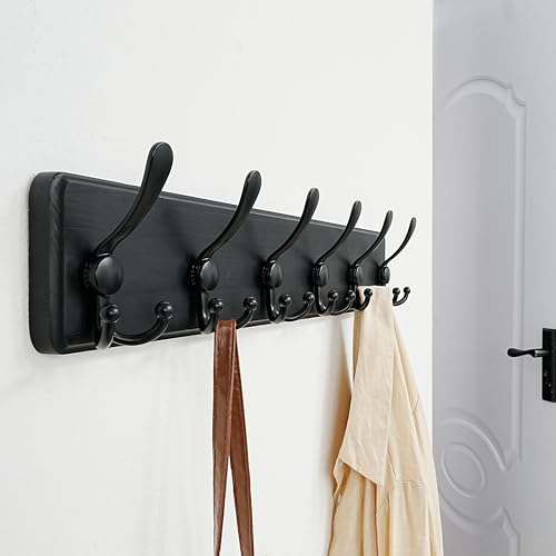 Dseap Coat Rack Wall Mounted - 24" Long 6 Tri Hooks, Heavy Duty Wooden Wall Coat Hanger Coat Hook for Clothes Hat Jacket Clothing, Black - color: Black, size: L=24"