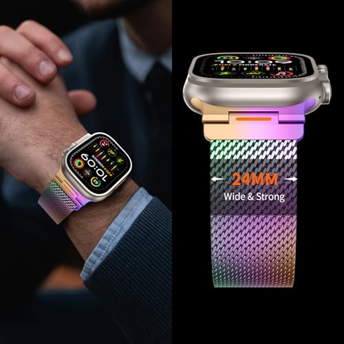 Milanese Loop Compatible with Apple Watch Ultra 3/2/1 Band 49mm 46mm 45mm 44mm 42mm, Magnetic Stainless Steel Strap Bands for iWatch Ultra SE 3/2/1 Series 11 10 9 8 7 6 5 4 3 2 1 Men, Colorful - color: Colorful