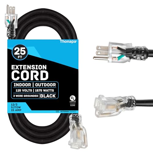 Thonapa 12 Gauge Extension Cord 25 Ft Outdoor - 12/3 Heavy Duty, 3 Prong | SJTOW Oil Resistant Black Cable, Lighted End, Grounded Plug, For Job Sites, Garden & Major Appliances - color: Black, size: 25 Foot