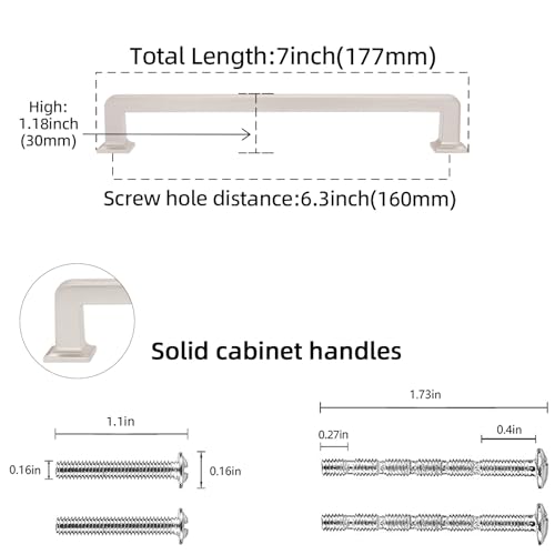 10 Pack 6-1/4 inch Brushed Satin Nickel Kitchen Cabinet Handles Cabinet Pulls Sliver Drawer Pulls Kitchen Cabinet Hardware Handles Dresser Handles - color: Brushed Satin Nickel, size: 6-1/4" Hole Center（160mm）