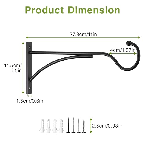 11 Inch 2 Pack Heavy Duty Plant Hangers Outdoor, Metal Plant Brackets for Hanging Baskets, Plant Wall Hooks for Bird Feeders, Wind Chimes & Lanterns, Premium Metal Hooks Matte Black, 30lbs Capacity - size: 11 in, 2 pk