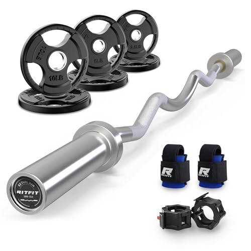 RitFit 2 Inch EZ Curl Bar with Weights, 350LBS Capacity Olympic Barbell for Bicep & Triceps, Home Gym Strength Training - style: Silver(with 35LB Weights,Collar and wrist)