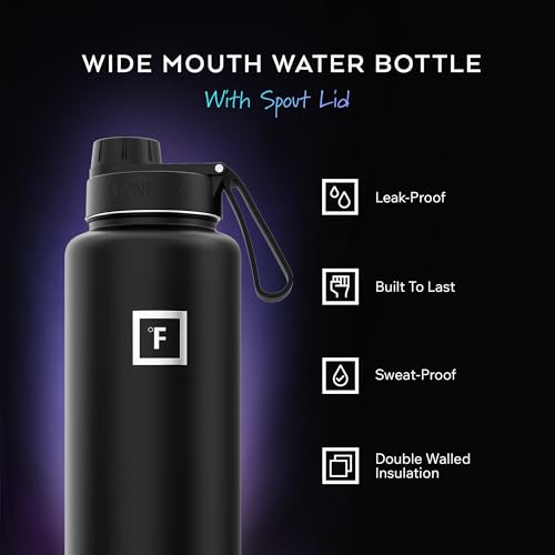 IRON °FLASK 40 oz Wide Mouth Water Bottle with Spout | Insulated Stainless Steel Sports Water Bottle with Leakproof Spout Lid - BPA Free, Cold 24 Hrs, Sweat Free (Midnight Black) - color: Midnight Black, style: Spout - 40 Oz (1 Lid)