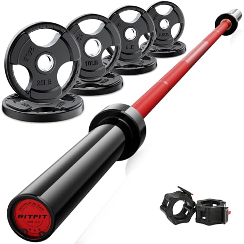 RitFit Barbell Weight Set - 4/6FT Olympic Barbell with Weight Plates (55-115LB Total) - Weightlifting Equipment for Squats, Curls, Deadlifts, Presses, Hip Thrusts - color: Black/Red, size: 6FT With 85LB Plates