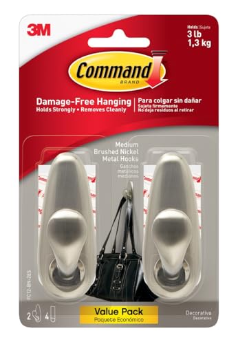 Command Medium Brushed Nickel Hooks, 2 Wall Hook and 4 Strips, Damage-Free Hanging with Adhesive, No Tools Hanging Back to School Decorations, Holds up to 3 lb - size: Medium