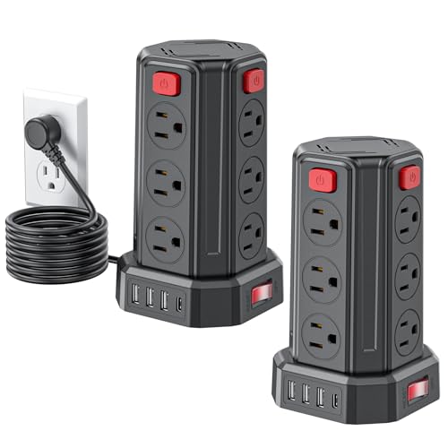 Power Strip 6.5 Ft Extension Cord with 12 AC Multiple Outlets 4 USB (1 USB C), SMALLRT Power Strip Tower Desktop Charging Station for Home Office College Dorm Essentials - color: Black, size: 6.5 ft 2-Pack