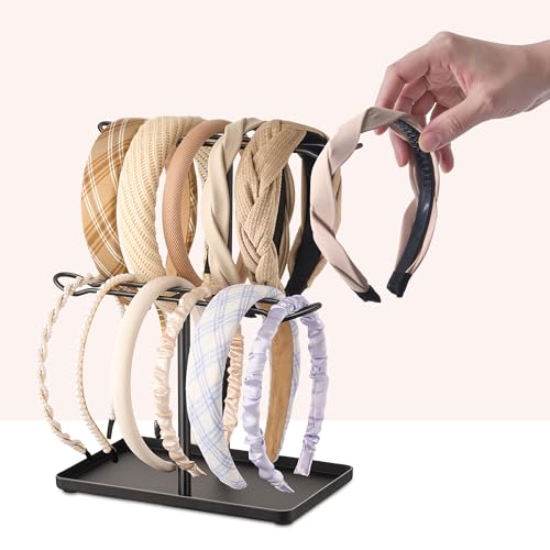 Headband Holder Organizer, 2-Tier T-bar Storage Stand with Tray for Hair Accessories Hairband Hair Clip, for Girls Women, Black - color: Black-black