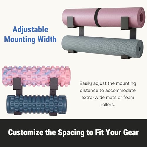 Yoga Mat Holder with Protective Padding Wall Mount Steel Storage Rack, 2 Tier Adjustable Width Hanger for up to 4 Foam Rollers, Easy Installation