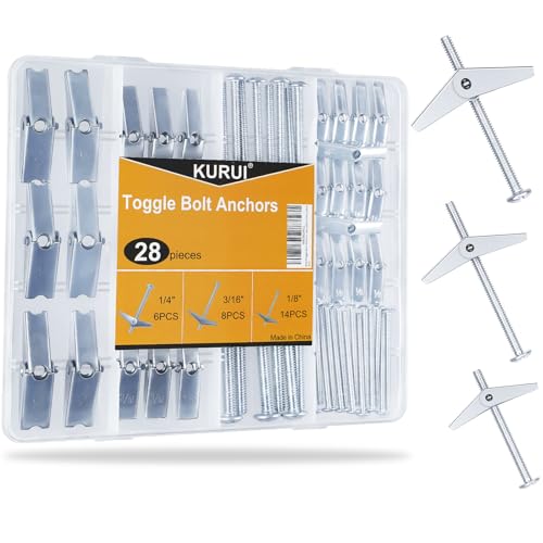 KURUI Heavy Duty Hollow Drywall Anchors for Sheetrock Ceiling, Toggle Bolts and Wing Nut Kit, 28Pcs Metal Dry Wall Anchors and Screws Assortment Set, Butterfly Anchor for Hanging 1/8, 3/16, 1/4 - style: 28 Pack