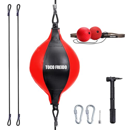 TOCO FREIDO Double End Punching Ball, Speed Bag with Difficulty Levels Boxing Reflex Ball with Headband, Perfect for Reaction, Agility, and Hand Eye Coordination Training - color: Red