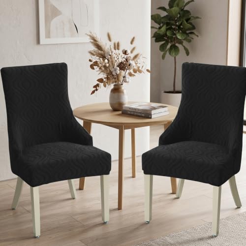 Wingback Dining Chair Covers Stretch Wing Back Side Chair Slipcover Accent Chair Cover Slipcover with Arm Chair Protector Cover for Dining Living Room (Black, 2PCS) - color: Peach- Black, size: 2 PCS