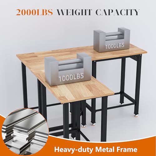 Betterhood 48"/60" Heavy-Duty Adjustable Workbench for Garage, Rubber Wood Shop Table,Hardwood Workstation Weight Capacity Over 1500 Lbs (Rubber Pad/Power Outlets/Ruler/63 x21.7 x35.8) - size: Rubber Pad/Power Outlets/Ruler/63"x21.7"x35.8"