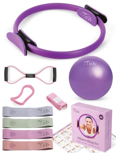 Pilates Ring and Ball Set with Video Tutorials, 10-in-1 Home Pilates Kit | Complete beginner-friendly workout kit for women to tone, strengthen and improve flexibility, balance and core at home - color: Luxury Purple