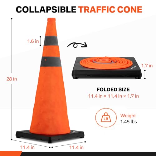 BATTIFE 28 inch Collapsible Traffic Safety Cones Orange Plastic Base 4 Pack | Collapsible folds flat, reflective strips, sturdy PVC, lightweight,ideal for parking, driving, construction, emergencies - size: 28inch