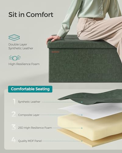 SONGMICS Mazie Collection - 43 Inches Folding Storage Ottoman Bench, Ottoman with Storage, Foot Rest Stool, Load 660 lb, for Living Room, Synthetic Leather, Forest Green ULSF070C01 - color: Forest Green, size: 15"D x 43"W x 15"H
