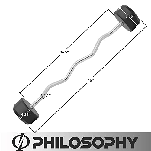 Philosophy Gym Rubber Fixed Barbell, Pre-Loaded Weight EZ Curl Bar for Strength Training & Weightlifting - style: 90 LB