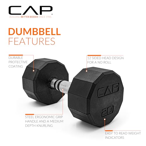 CAP Rubber Coated Dumbbell Weights, Free Weights for Home Gym Strength Training, Anti-Roll Hex Dumbbells with Black, Chrome & Comfort Grip Handles, Singles - size: 20 lb, style: 12-Sided - Chrome Handle