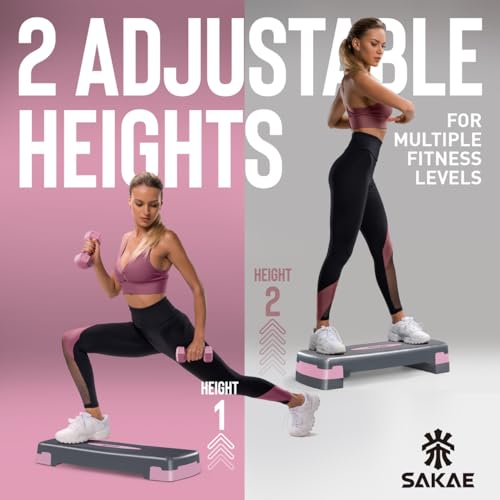 SAKAE Aerobics Step Platform Set with Weighted Vest & Measuring Tape, Adjustable Height 2 Level Risers Workout Step Trainer with Non-Slip Surface, Step Platform for Home Exercise, Multiple Colors - color: Pink
