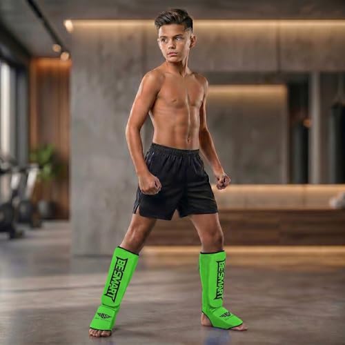 Be Smart Kids, Adults, Youth, Men and Women Muay Thai MMA Kickboxing Shin Guards, Instep Guard Training, Sparring Protective Gear Equipment Shin Kick Pads - color: Green, size: XXS ( 9 to 13 Years )