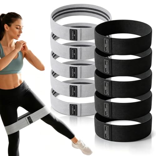 10 Pcs Fabric Resistance Bands for Working Out, Non Slip Fabric Elastic Leg Bands for Exercise, Booty Bands for Women Men, Hip Thigh Glute Bands Set for Squat Stretch Yoga (Black & Light Gray)