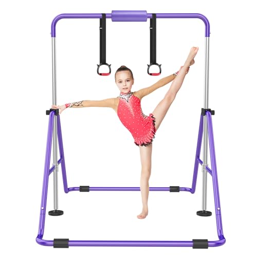 RINREA Gymnastic Bars for Kids, Adjustable Height Horizontal Bar for Home | 5-Height 35"-51", Foldable & Space-saving, Indoor Outdoor Training Kip Bar, with Gymnastics Rings & Gymnastics Pad - color: Purple