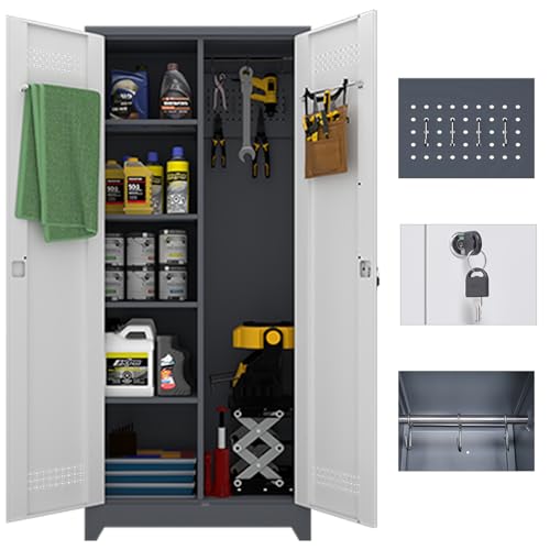 IRONFFICE Metal Storage Cabinets with Doors and Shelves,Tall Broom Closet Storage Cabinet with Pegboard,Utility Tool Cabinets,Steel Locking Cabinets for Home Office,Basement,Laundry,Grey-White - size: 72"H x 31.5"W x 15.74"D-Grey/white