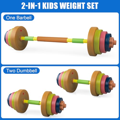 Kids Exercise Weight Set, Barbell and Dumbbell Workout Equipment, Toddler Beginner Gym Toy for Pretend Play Lifting Exercise & Fitness, Adjustable Fill with Sand or Water - size: 2-In-1