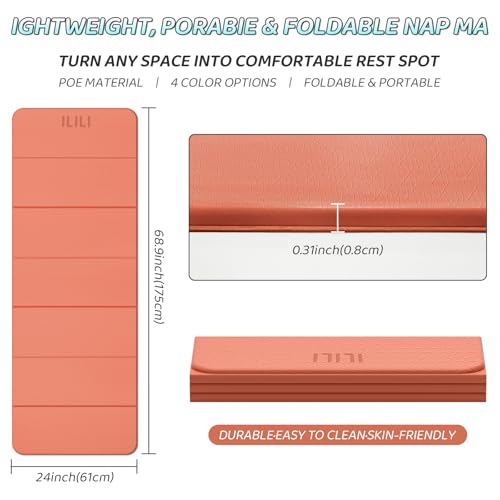 ILILI Foldable Yoga Mat 71 * 24 * 0.3 Inch | Lightweight TPE Non Slip Exercise Mat, Waterproof Portable Fitness Mat for Home Gym, Pilates, Stretching & Daily Workouts - color: Orange
