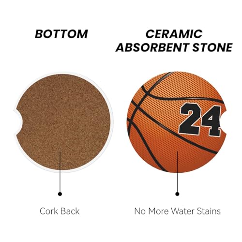 Basketball No 24 Car Coasters for Cup Holders, 2 Pack Absorbent Ceramic Drink Cup Coaster for Women Men, Auto Interior Accessories - color: T1
