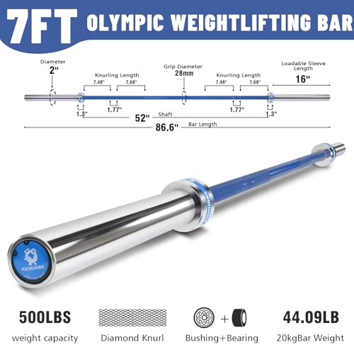 7ft Olympic Barbell 28mm 45lb – 500/700/1000LB Bar for Home Gym | Ceramic coated steel. Smooth spinning sleeves. Fits 2" plates. For snatch, clean and jerk, squats, deadlifts, bench press. - color: Silver-Blue-500LBS