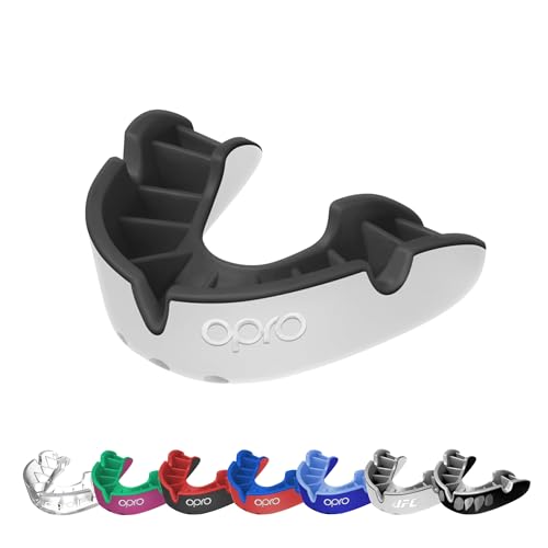 OPRO Silver Level Moldable Mouth Guard Essential Fit (White/Black) Adult & Kids Boxing Mouthguard for MMA & Impact Sports, Easy Self-Fit Mouth Guard for Sports, Football & Hockey - Includes Case - color: White/Black, size: Adult (Age 10+)