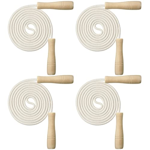 Hungdao 4 Pcs Jump Ropes for Kids with Wooden Handle Cotton Braided Adjustable Skipping Rope for Exercise Fitness Jumping Rope for Children Boys Girls Students Preschooler Outdoor Fun Activity