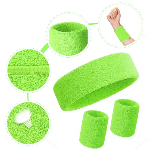 Bememo 6 Pcs Neon Sports Sweatbands Set Sports Competitions Sweatbands 2 Headband 4 Wristbands Breathable Terry Cloth Athletic Bands for Team Soccer Spirit 80s Costumes Cosplay - color: Neon Green