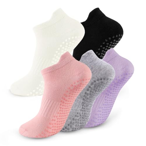 5 Pairs Pilates Socks with Grips for Women Non Slip Grip Yoga Crew Socks for Barre Hospital Barefoot - color: A - Purple White Pink Gray Black
