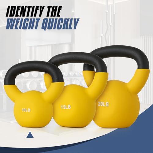 MADOG 10/15/20 LB Kettlebells Neoprene Coated, Solid Cast Iron Kettlebell, Strength Training Kettlebells, Hand Weights for Full Body Workout, Grip and Strength Training for Home Gym, Yellow