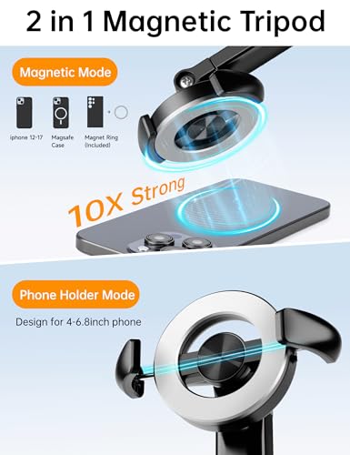 70" Magnetic Phone Tripod, Selfie Stick Tripod for iPhone MagSafe & Camera with Rechargeable Remote & 2 in 1 Magnetic Holder, 360° Rotatable Portable Cell Phone Stand for Travel Vlog Video Recording - color: Black, size: 70 inch