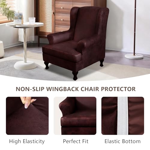 ANARACHON Leather Look Wingback Chair Covers, 2-Piece Wing Chair slipcover,Stretch Wing Back Armchair Slipcovers with Elastic Bottom, Soft Spandex Furniture Protector for Living Room (Red) - color: Red