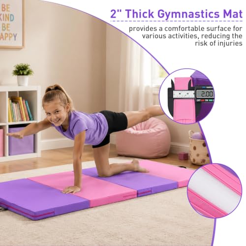 Gymnastics Mat, 3FTx6FT / 4FTx8FT 2" Thick Folding Kids' Gymnastic Tumbling Mat for Home Gym Exercise & Play - color: 3x6FT-Pink&Purple
