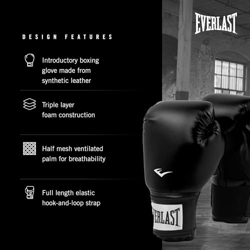 Everlast Prostyle 2 Youth Boxing Gloves, Entry Level Training Gloves for Men and Women, Secure Fit Hook and Loop Closure & Ventilation, Heavy Bag & Speedbag Training. - color: Black