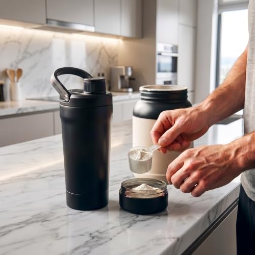 Fijinhom 24 oz Insulated Shaker Bottle with Portable Powder Container. | Leak-Proof Protein Shaker Bottle, 304 Stainless Steel Insulated Water Bottle with Removable Mixer, Measurement Marks, Black - color: Black