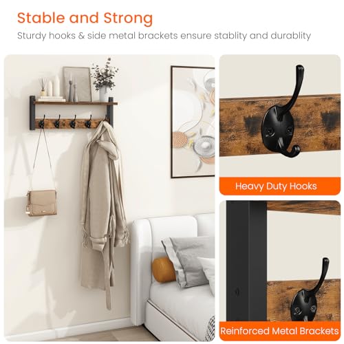 Homode Wall Hooks with Shelf, Wood Coat Rack with Shelf Wall-Mounted, Entryway Hanging Shelves with 5 Metal Hooks for Clothes Hats Towel Purse Robes, Bathroom Mudroom Bedroom, Rustic Brown Black - color: Rustic Brown, size: 17.1 Inch Long