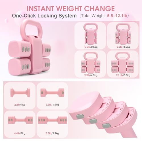 Adjustable 2-in-1 Convertible Kettlebell & Dumbbells Set, 4 in 1 Free Weights Dumbbell Set of 2, Each 2.2 3.3 4.4 5.5lb Quick Change Women Dumbbell Set for Home Exercise Training - color: Pink