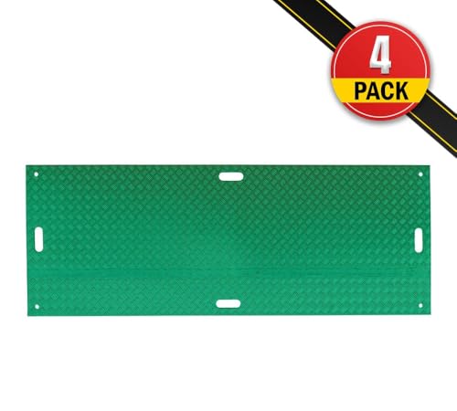 Mytee Products 4 Pack 3' x 8' Green Ground Protection Mats w/Double Sided Diamond Plated Tread Design & 6 Pcs Single Connectors - Polyethylene Mat, Easily Supports 90 Ton Loads on Lawns, Dirt - color: Green, size: 4 - Pack