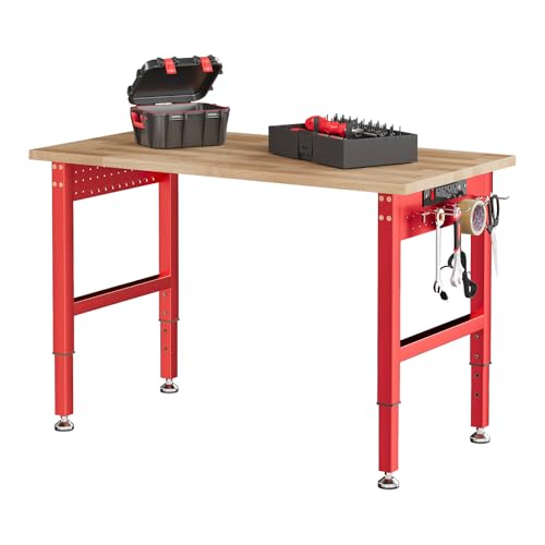 SPECRAFT Red Adjustable Heavy Duty Workbench with 4 AC Outlet and 2 USB Ports Power Outlets, 2000 Lbs Capacity, Rubber Wood Top for Garage, Workshop, Office - color: Red, size: Standard/44"x20"
