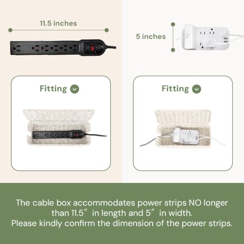 Cable Management Box, Handmade Rattan Cable Organizer with 2 Open Slots, Cord Hider for Power Strip, Router & USB Hub, Registered U.S. Design Patent (D1,112,102), 13" x 5.1" x 5.1", White - color: White, style: Rectangle
