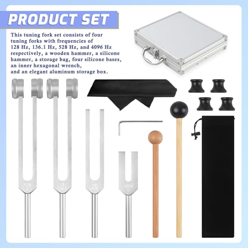 Tuning Fork Medical Sound Healing Set of 4 (128Hz, OM 136.1Hz, MI 528Hz, 4096Hz), Weighted & Unweighted Aluminum Forks with Reflex Hammer, Storage Bag and Exquisite Package for Chakra/Healing/Yoga - color: 4 Pcs - Silver
