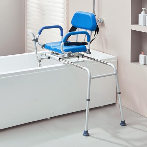 VEVOR Sliding Tub Transfer Bench with 360 Degree Swivel Seat, Sliding Shower Chair with Pivoting Armrest & Padded Seat and Safety Belt, Height Adjustable Bath Chair for Elderly Disabled, 330LBS
